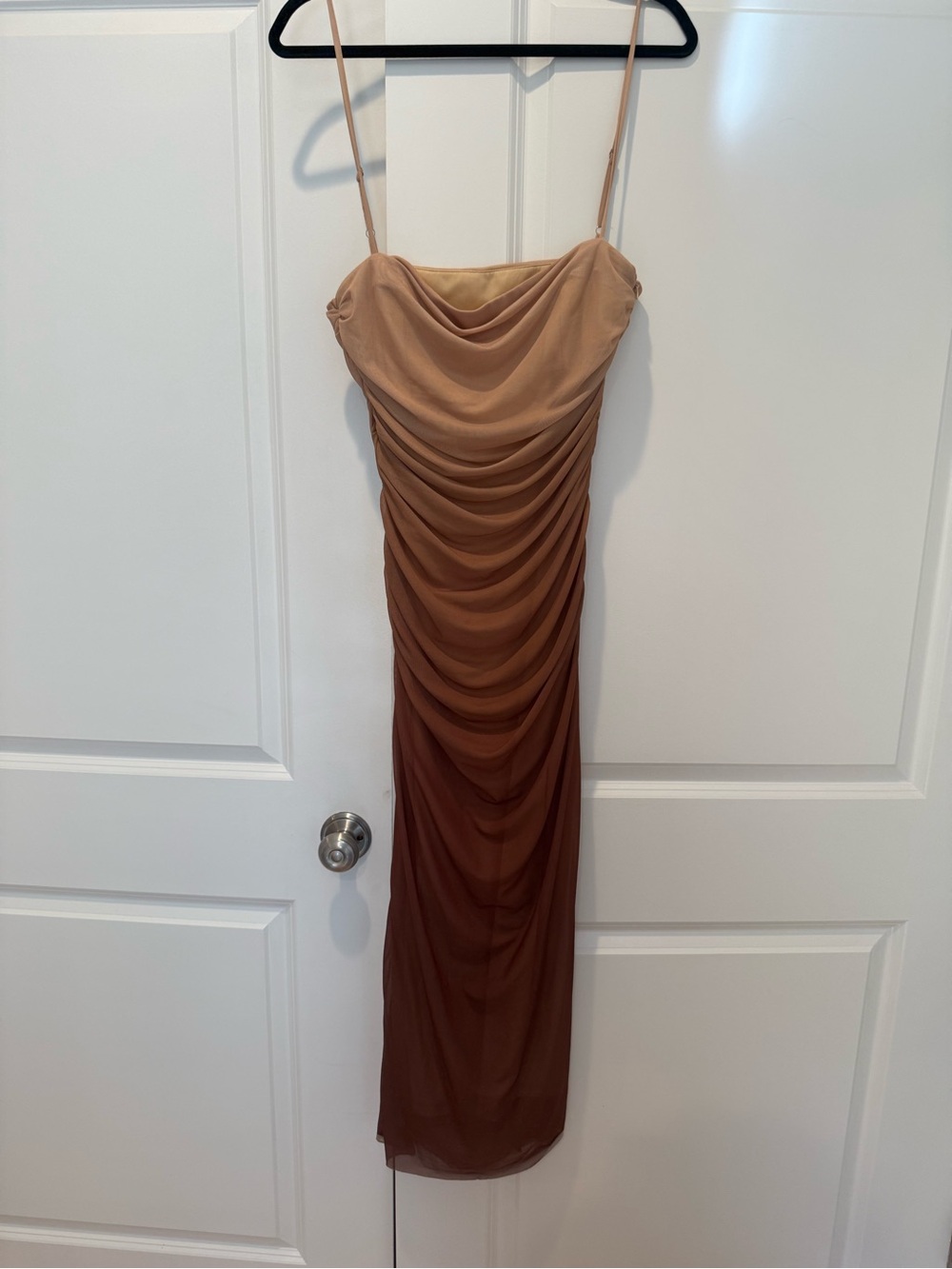 Commense Ombre Ruched Spaghetti-Strap Maxi Dress in Beige to Brown